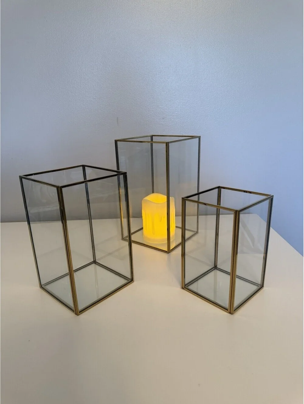 Hewory Hurricane Candle Holders - Set Of 3 - Glass With Gold Framing Home Decor